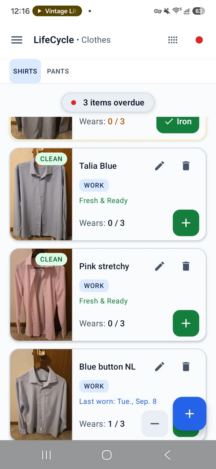 LifeCycle clothing records with wear and wash controls