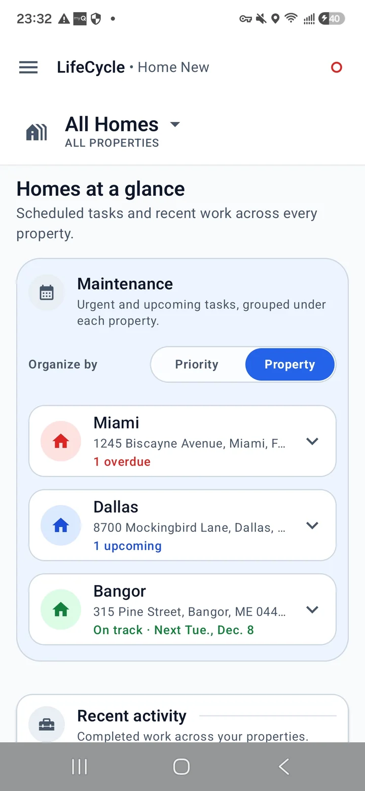 LifeCycle home maintenance screen