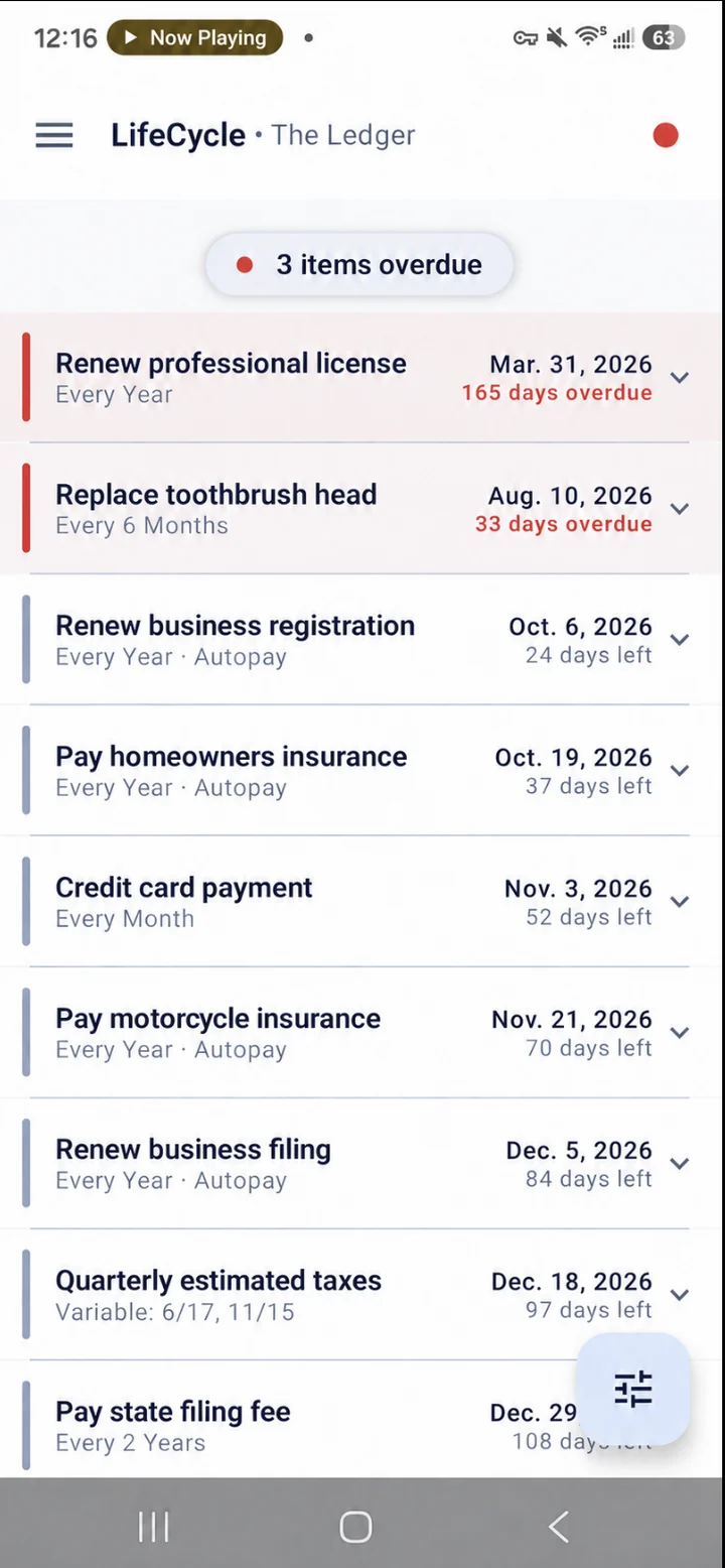 LifeCycle Ledger showing recurring payment records