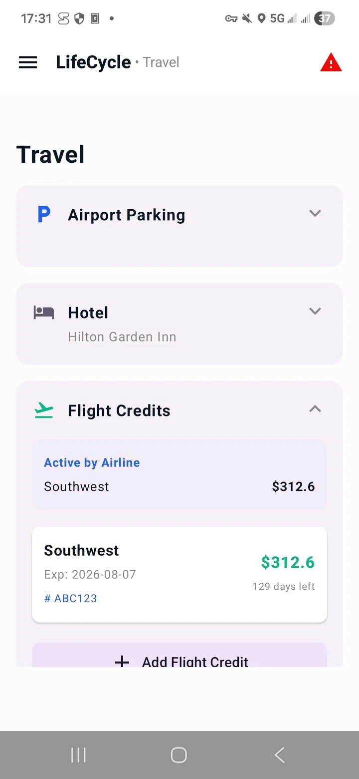 LifeCycle Travel screen with trip information
