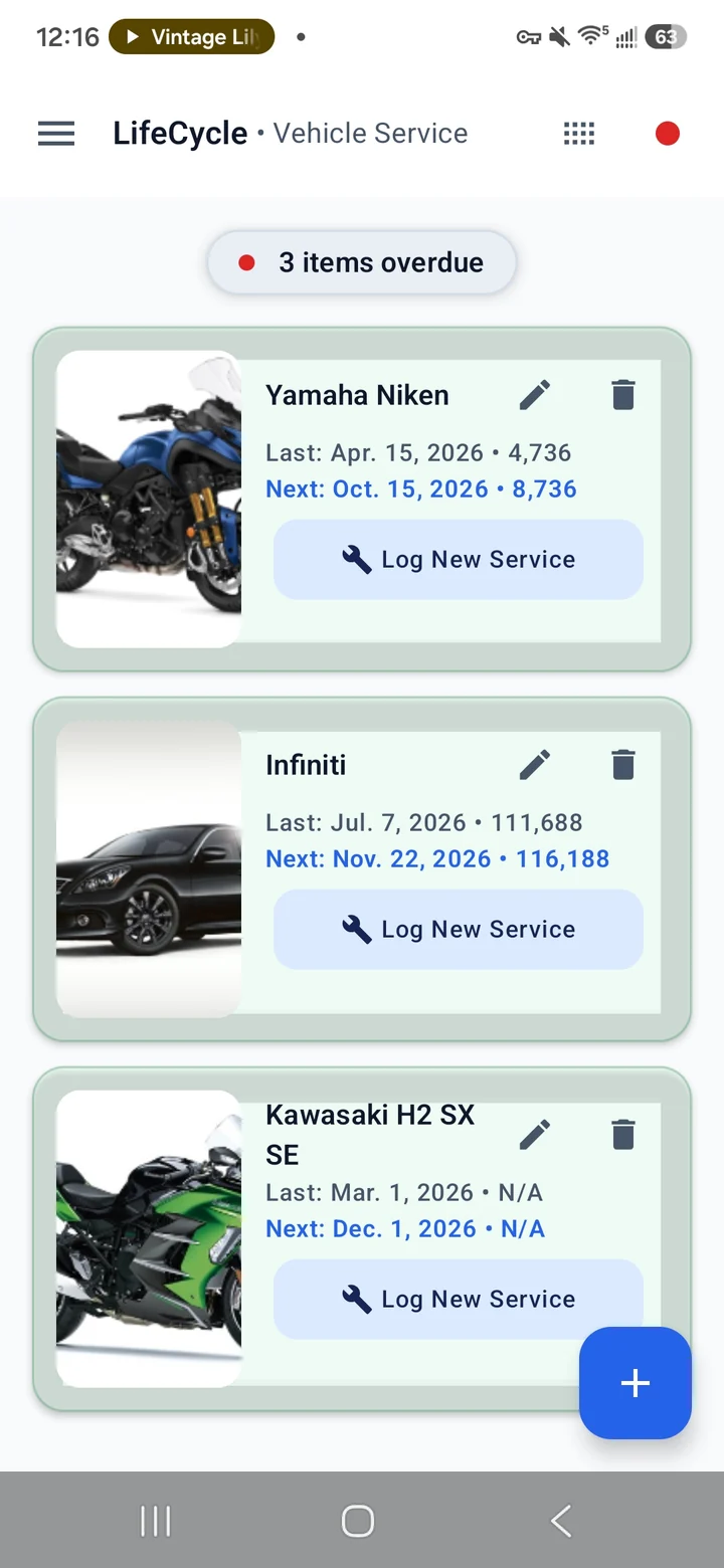 LifeCycle vehicle service records and due dates